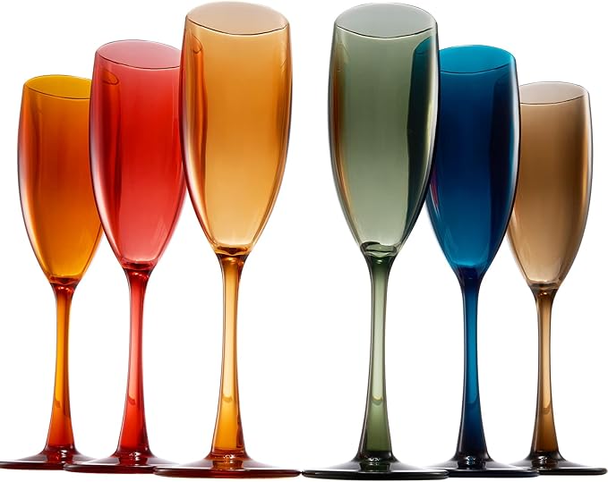 European Style Plastic Acrylic, Champagne Flutes Glasses | Set of 6 | Colored Reusable Toasting Cups 100% Tritan Drinkware, 5 oz Dishwasher Safe BPA-free plastic, Perfect Poolside & Outdoors,