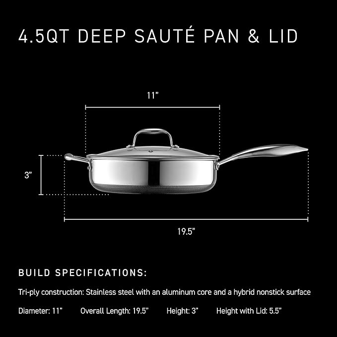 HexClad Hybrid Nonstick 4.5-Quart Deep Sauté Pan with Tempered Glass Lid, Stay-Cool Handle, Dishwasher-Friendly, Oven-Safe Up to 900°F, Induction Ready, Compatible with All Cooktops