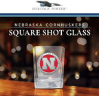 Heritage Pewter Nebraska Square Shot Glass | Hand-Sculpted 1.5 Ounce Shot Glass | Intricately Crafted Metal Pewter Alma Mater Inlay