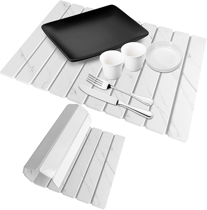 Hopegiver Stone Drying Mat for Kitchen Counter, 23.62"x15.35" Marble-Pattern Quick Dry Dish Mat, Elegant Absorbent Diatomaceous Earth Mat for Dishes Countertop Sink Bathroom, Includes Sanding Block