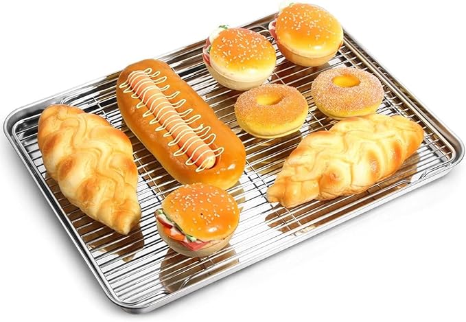 Baking Sheet with Rack Set, Yododo Set of 4 (2 Sheets + 2 Racks), Stainless Steel Cookie Sheet Baking Pan Tray with Cooling Rack, Non Toxic & Heavy Duty & Easy Clean - Size of 17½ inch