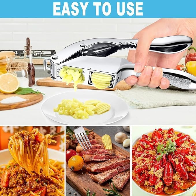 Garlic Press and Slicer 2 in 1, Rust Proof & Dishwasher Safe Professional Garlic Mincer Tool, Effortlessly Crush and Mince Garlic with this Ergonomic Handle-Garlic Slicer & Brush ANCQMI(Pear white)