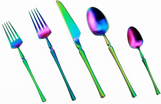 Gugrida Unique & Beautiful Flatware Set - 5 Piece Iridescent Silverware Sets | 18/10 Stainless Steel Reusable Cutlery Set | Rainbow Utensils Service For 1 with Dessert Fork, Knife, Spoon, Dinner Fork