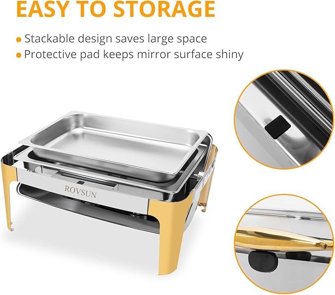 ROVSUN 9 Quart Stainless Steel Chafing Dish Buffet Set Gold Accent, Roll Top Rectangular Buffet Servers and Warmers Set Warming Tray, Chafer with Glass Window for Wedding, Parties, Catering