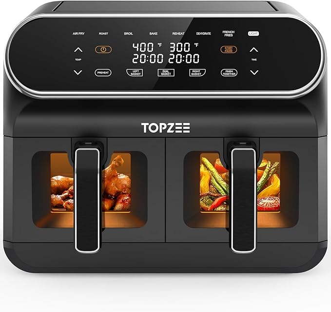 8 Quart Large Air Fryer - Dual Basket Airfryer with Easy View Windows, Preheat, Air Fry, Roast, Broil, Bake, Dehydrate, 2 Independent 4 QT Nonstick Dishwasher Safe Baskets, Black