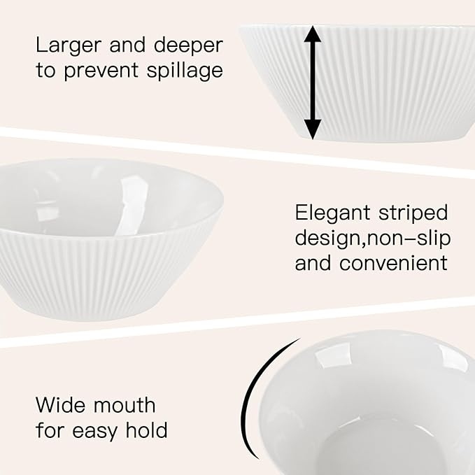 Ceramic Bowls for Kitchen - Set of 6, 30 oz Cereal Bowl Set, Soup Bowls, White Ceramic Bowls for Dessert, Salad, Pasta, Soup etc, Microwave, Dishwasher & Oven Safe