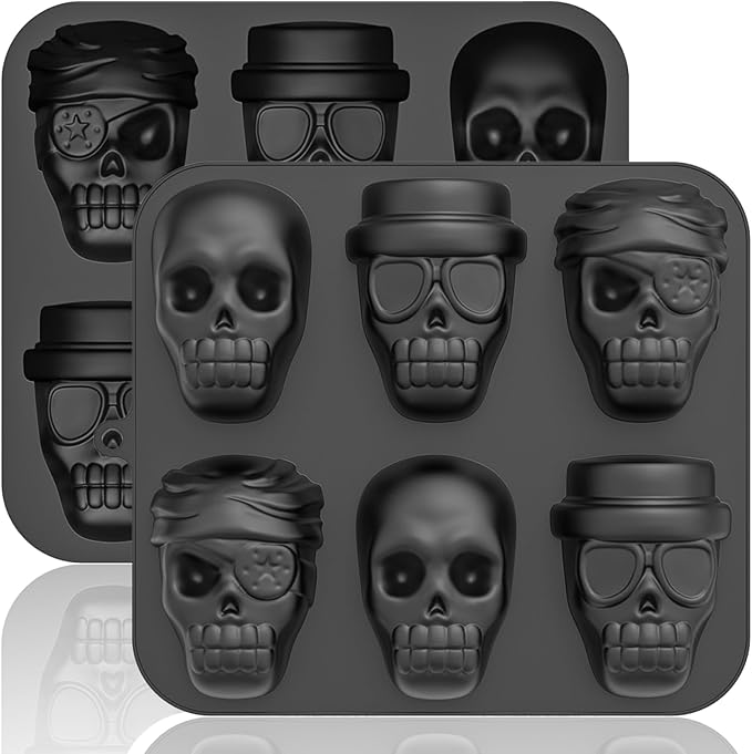 HKNMTT Halloween Silicone Molds for Baking Extra large, 6 Cavities 3D Skull Cake Pizza Pan Molds, Nonstick Halloween Skeleton Mold for Chocolate Ice 2PCS