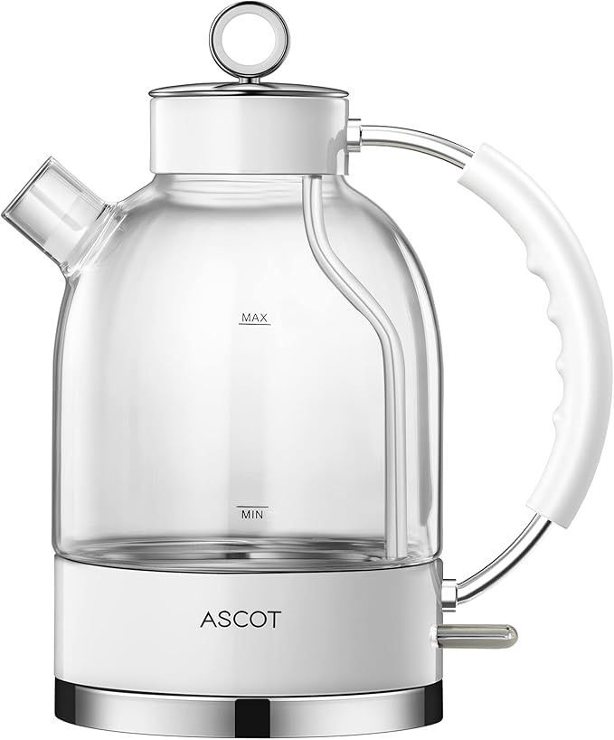 ASCOT Electric Kettle, Glass Electric Tea Kettle Gifts for Men/Women/Family 1.5L 1500W Borosilicate Glass Tea Heater, with Auto Shut-Off and Boil-Dry Protection (Polar White)