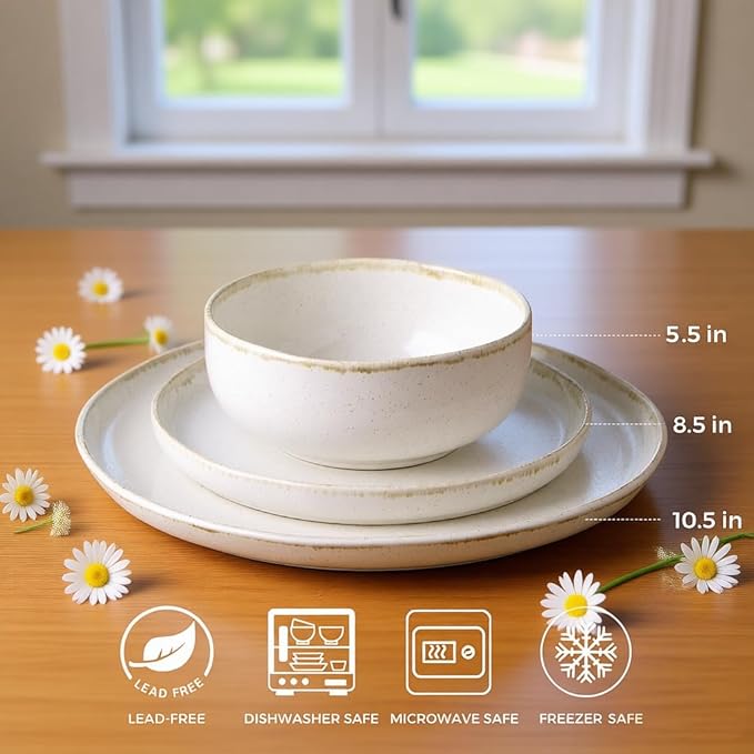 AmorArc Ceramic Dinnerware Sets, Wavy Rim Stoneware Plates and Bowls Sets, Highly Scratch Resistant | Dishwasher & Microwave Dishes set, Service for 8 (24pc)-Speckled Cappuccino