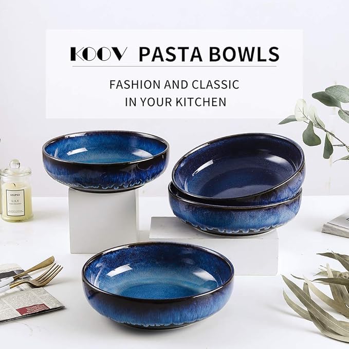 KOOV Ceramic Bowl, 46 OZ Pasta Bowls Set of 4, Large Salad Bowl Set, Dinner Bowls, Stackable Serving Bowls, Reactive Glaze Series (Nebule Blue)