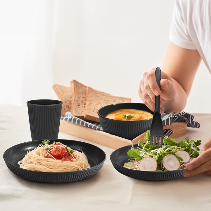 OAMCEG Wheat Straw Dinnerware Set | 42 pcs Plates and Bowls Sets for Kitchen & Camping | Wheatstraw Dinnerware Set Black dish set for 6 (Includes Dinner Plates, Bowls, Cups & Cutlery)