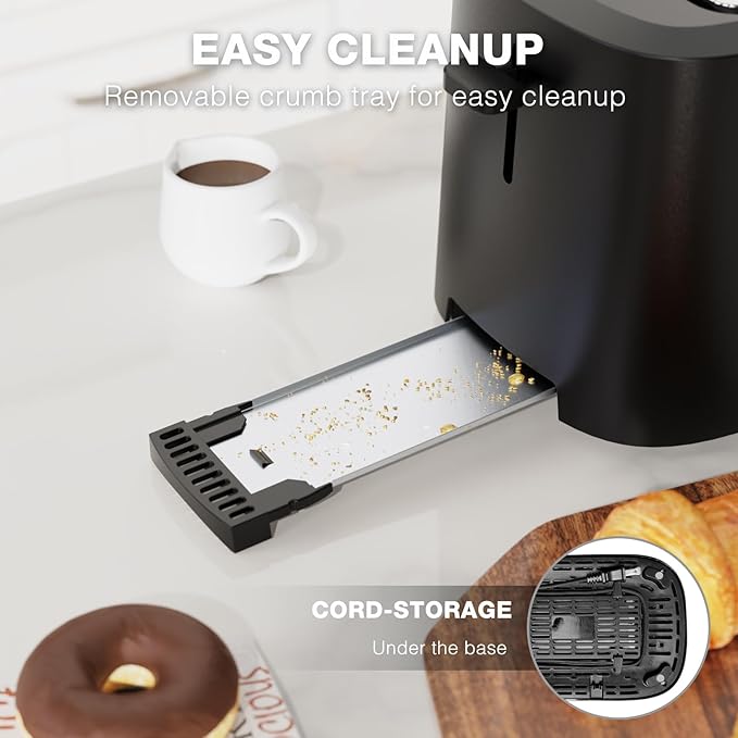 Compact Toaster 2 Slice with 1.5" Extra Wide Slots, Built-in Warming Rack & Removable Crumb Tray, 6 Browning Options, with Defrost/Bagel/Cancel Function - Matte Black
