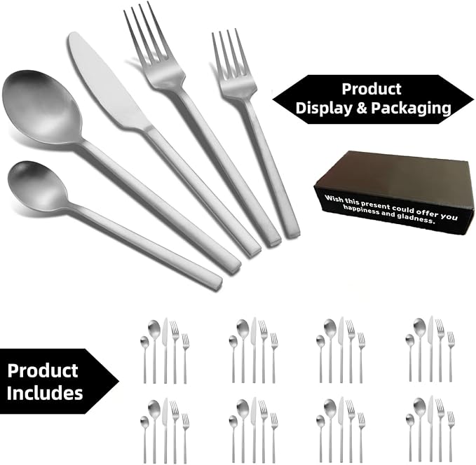 40-Piece Silver Silverware Set, Rectangular Flatware Set for 8, Matte Stainless Steel Cutlery Set, Food-Grade Utensils Set, for Home Kitchen Restaurant, Dishwasher Safe