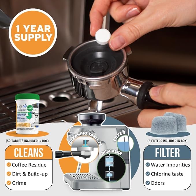 Breville Compatible Cleaning Tablets & Water Filter. 52 Espresso Machine Cleaning Tablets & 6 Breville Filters for Espresso Machine. Removes Build-up & Filters Water Impurities. Years Supply.