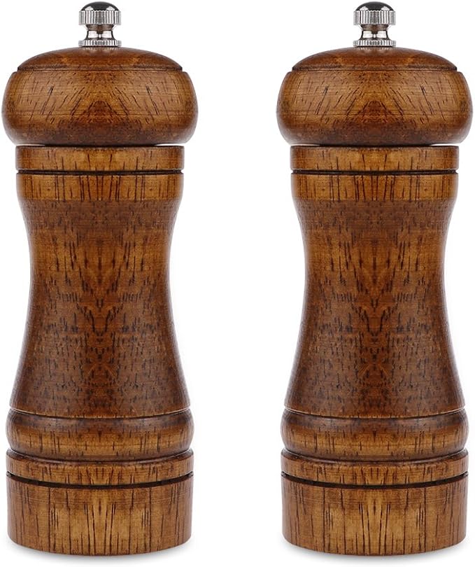 Pepper Mill - 5 inch Pepper Grinder Pepper Grinder Refillable Oak Salt and Pepper Grinder Set Sea Salt Grinder Ceramic Pepper Mill Grinder Adjustable Coarse to Fine pepper Grinder Mill (2Pack)