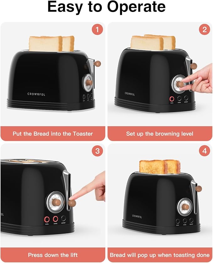 CROWNFUL 2-Slice Toaster, Extra Wide Slots Toaster, Retro Stainless Steel with Bagel, Cancel, Defrost, Reheat Function and 6-Shade Settings, Removal Crumb Tray, Black