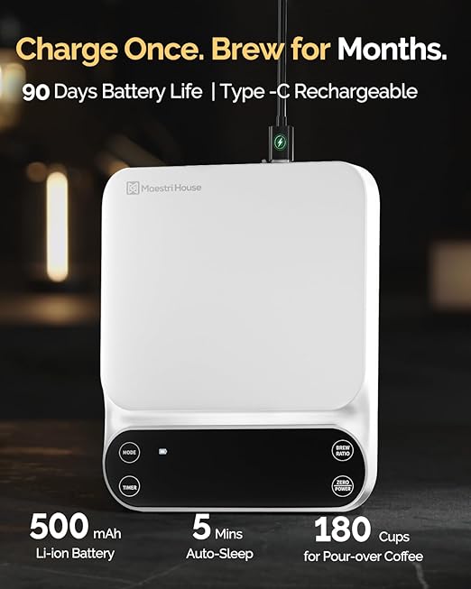 Maestri House S3 Coffee Scale with Timer, 3kg/0.1g Rechargeable Digital Scale, 3 Brew Modes, Adjustable Ratios & Flow Rate Display, Barista-Grade for Pour-Over, Espresso, French Press –White