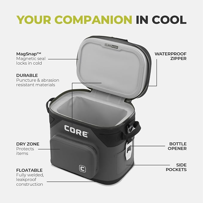 CORE Magnetic Leak Proof Soft Cooler with Waterproof Zipper | Insulated Bag Portable Ice Chest Box | Best Soft Cooler for Food & Beverages for Tailgating, Car Camping, Travel, and Family Beach Picnics
