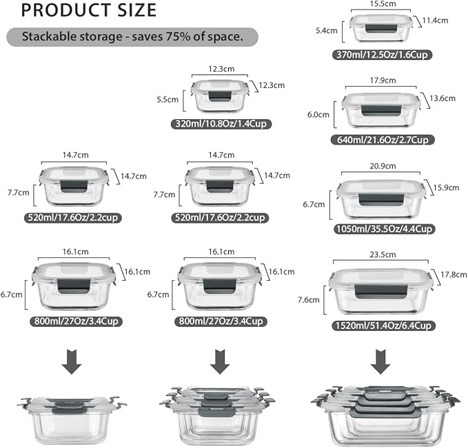 GC glass Food Storage Containers with Lids, Meal Prep Containers, Airtight Lunch Containers Bento Boxes with Snap Locking Lids for Microwave, Oven, Freezer and Dishwasher
