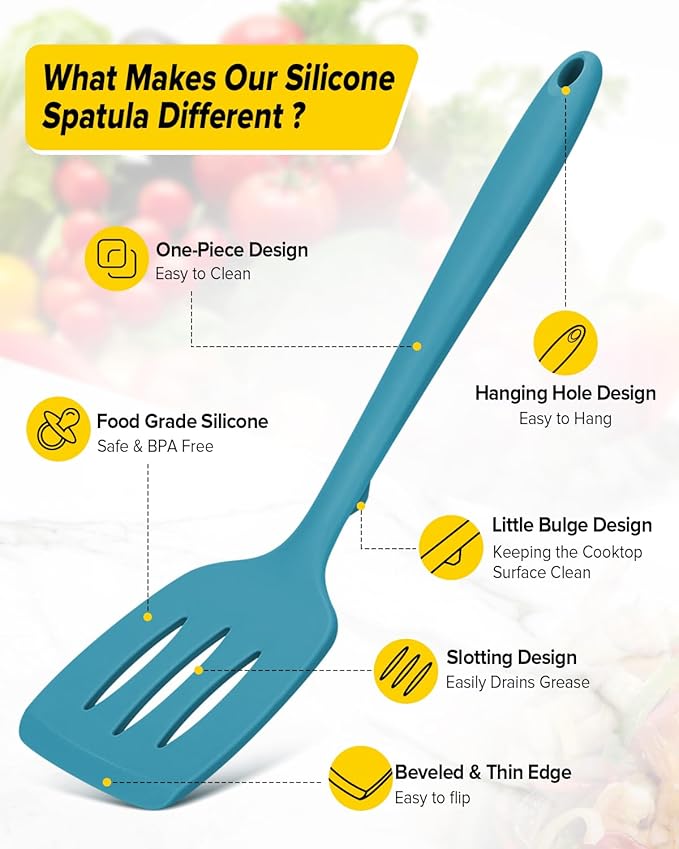 Pack of 2 Silicone Spatula Turners, Non Stick Slotted Kitchen Spatula Set, Heat Resistant BPA Free Kitchen Utensils, One-Piece Design, Suitable for Flipping Fish, Eggs, Steak, Pancakes(BLUE)