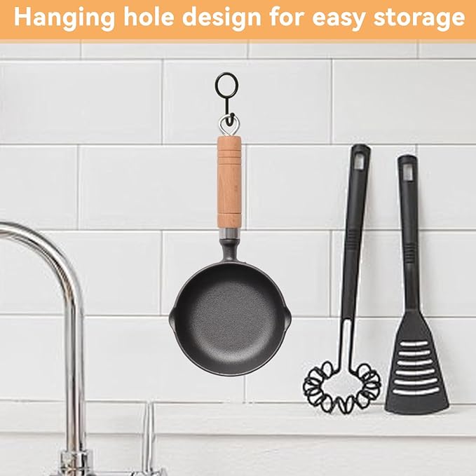 Cast Iron Melting Pot, 4.3 inch Mini Egg Frying Pan Oil Heating Pan Milk Butter Warmer Pot with Wood Handle for Home Kitchen