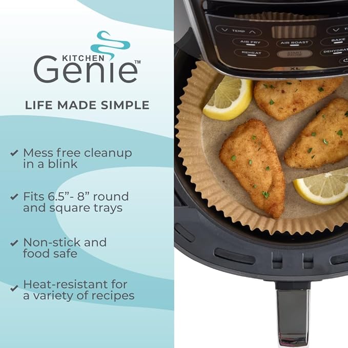 KITCHEN GENIE BPA-Free Air Fryer Liners Disposable, 200 PCS Non-Stick Oil Proof Parchment Paper Sheets for Easy Clean Cooking, Fits 5-8 QT Basket, Microwave, Toaster Oven, Free of Bleach, 6.5 In Round