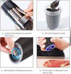 Electric Gravity Salt and Pepper Grinder set of 2, Automatic Salt and Pepper Mill Grinder, Adjustable Roughness, Battery Powered, Blue LED Light, Stainless Steel with One Hand Operation (Black)