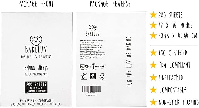 BAKELUV White Parchment Paper Sheets 12x16” | 200 Pcs | Non-Stick Precut Parchment Paper for Baking Sheets, Baking Paper, Unbleached Cookie Sheets, Wax Paper | Oven, Air Fryer, Grilling, Freezer