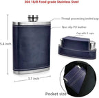 GENNISSY 8oz Hip Flask for Men - 304(18/8) Stainless Steel Bourbon Whiskey Flask, Leakproof with Navy Blue Leather Wrap - Includes Funnel & 3 Mini Cups for Dad, Gifts, Travel