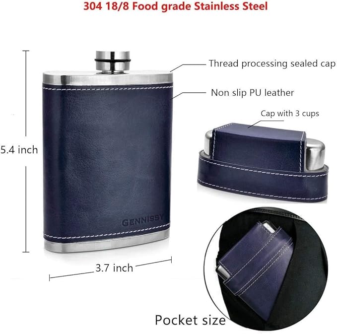 GENNISSY 8oz Hip Flask for Men - 304(18/8) Stainless Steel Bourbon Whiskey Flask, Leakproof with Navy Blue Leather Wrap - Includes Funnel & 3 Mini Cups for Dad, Gifts, Travel