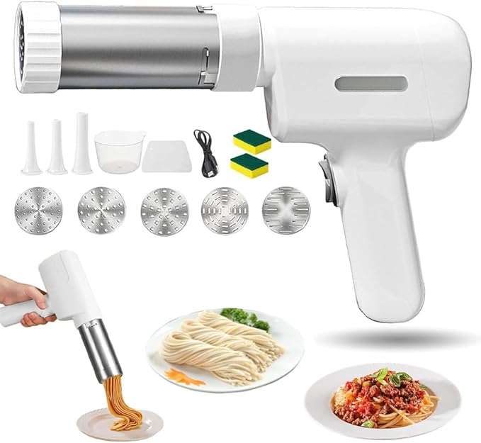 Idiyappam Maker Electric, 2025 New Summer Snow Idiyappam Maker, String Hopper Maker Electric, 5-in-1 Cordless Pasta Machine,Cutters and Sausage Stuffing Tube, with 5 Noodle Molds (White)