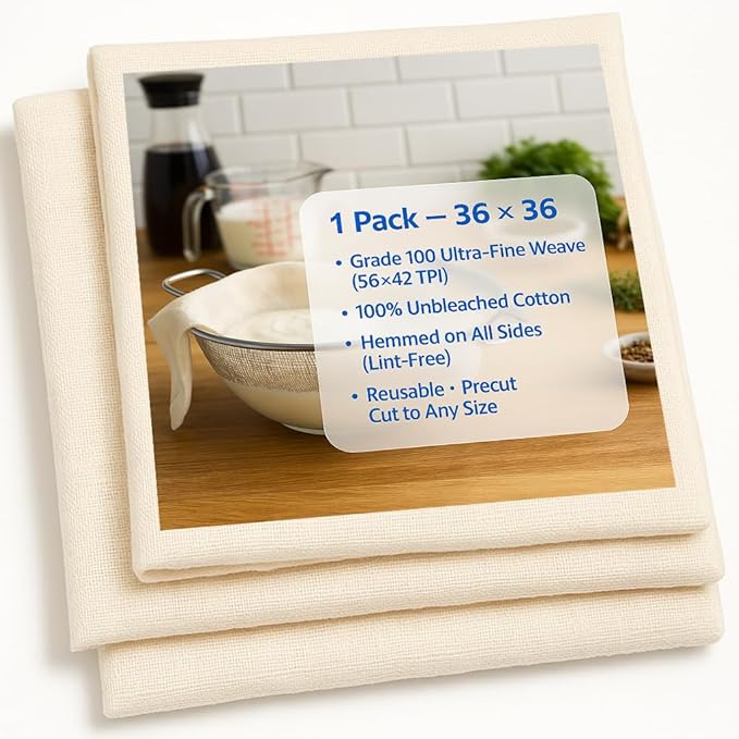 1 Pack Grade 100 Cheesecloth 36×36 in — Reusable Cheese Cloths, 100% Unbleached Cotton, Hemmed on All Sides (Lint-Free), Butter Muslin for Straining Yogurt, Nut Milk, Broth, Jelly & Cold Brew