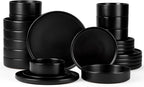 24 Piece Stoneware Dinnerware Sets with Pasta Bowls, Onader Kitchen Dinner Dishes Set for 6, Plates and Bowls Dishware Dining Ware - Ebony Black