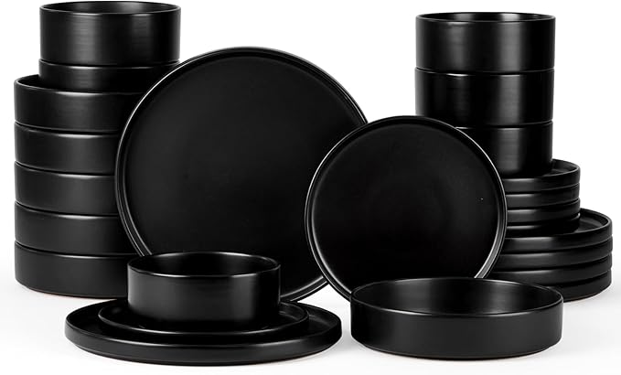24 Piece Stoneware Dinnerware Sets with Pasta Bowls, Onader Kitchen Dinner Dishes Set for 6, Plates and Bowls Dishware Dining Ware - Ebony Black