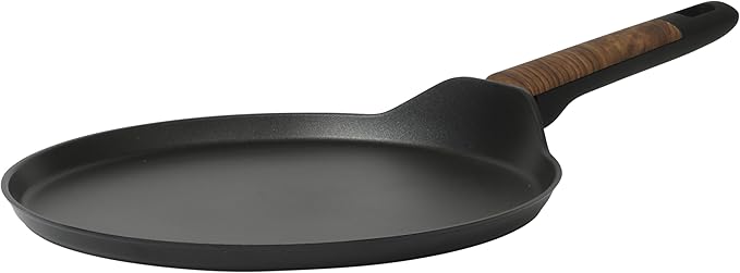 Oster Platinum Oxburg 11 Inch Frying Pan/Comal/Flat Pancake Pan Forged Aluminum PFA Free Non-toxic Premium Ceramic Non Stick Interior Skillet, Kitchen Egg Pan, Omelet Pan - Black w/Wood Handles