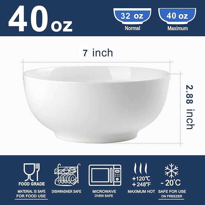 Houlu 40 oz Soup Bowls, Cereal bowls, Pho Bowls, Salad Bowls, Off White Porcelain Bowl Set of 4, 7 inch