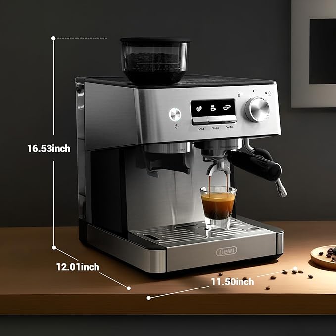 Gevi 20 Bar Espresso Machine with Grinder & Milk Frother, Professional Coffee Maker for Home, Cappuccino & Latte, Removable Water Tank, Steam Wand