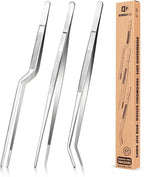 Fine Cooking Tweezers Set, Professional Stainless Steel Food Tongs, Kitchen Black Long Chef Tweezer for Cooking, Plating, Decorating and BBQ (SILVER, 10 inch)