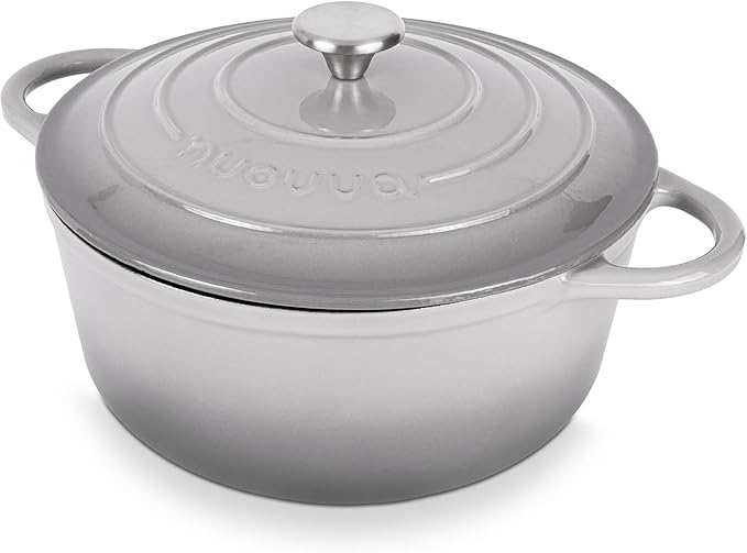 Nuovva Enamelled Cast Iron Dutch Oven Pot with Lid – 6.4 Quart Non Stick Casserole Pot – Heavy Duty & Oven Safe up to 500° F for Bread Baking, Braising, Stews, Roasting – 28cm Grey