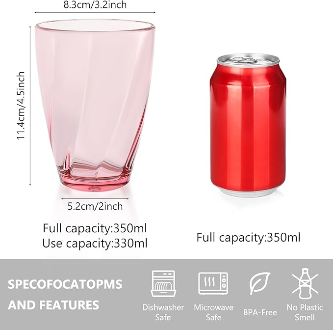 Topsky 12-ounce Plastic Water Tumblers | Set of 4 Transparent Unbreakable Drinking Glasses Clear Acrylic Reusable Juice Wine Cups for Home Picnic Party, Dishwasher Safe,Stackable