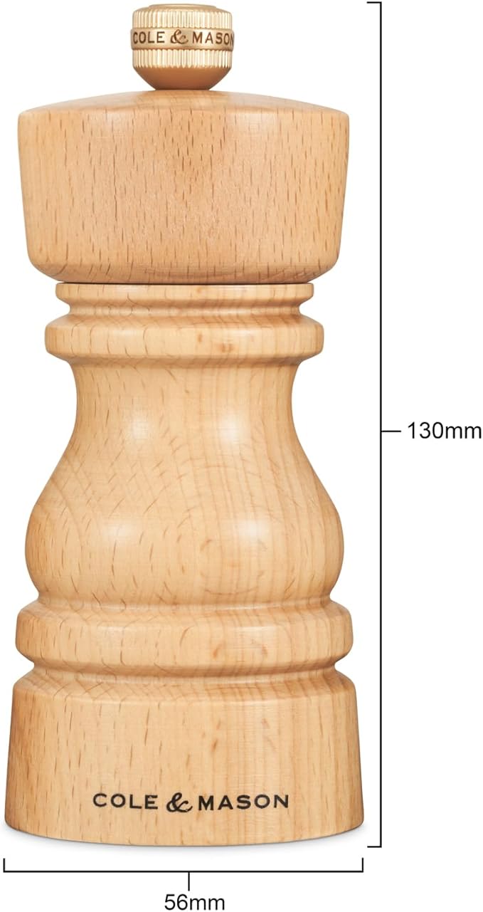 Cole & Mason London Refillable Spice Mill - Kitchen & Home Accessory - Table Black Pepper Grinder - Pepper Mill with Carbon Steel Mechanism - 5", Natural Beech