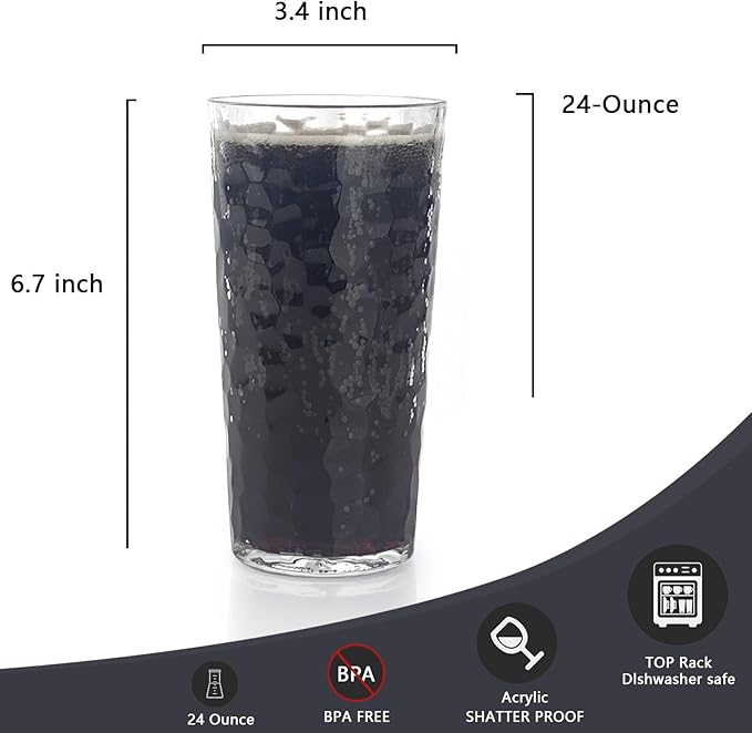Yalin 24-Ounce Plastic Tumbler Acrylic Drinking Glasses, Reusable Plastic Cups, Stackable, BPA-Free, Shatter Proof, Dishwasher Safe, Set of 8 (Clear)