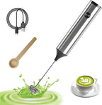 Electric Milk Frother Handheld with Small Wooden Spoon, Mini Coffee Frother Wand Rechargeable 3-Speed Drink Mixer Stainless Steel Matcha Whisk For Latte, Matcha Powder, Cappuccino, Hot Chocolate, Egg