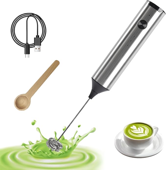 Electric Milk Frother Handheld with Small Wooden Spoon, Mini Coffee Frother Wand Rechargeable 3-Speed Drink Mixer Stainless Steel Matcha Whisk For Latte, Matcha Powder, Cappuccino, Hot Chocolate, Egg