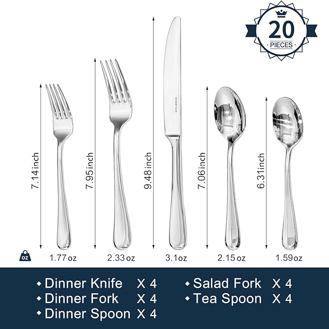 KINGSTONE 20 Pieces Silverware Set for 4, Premium Stainless Steel Flatware Set, Heavy Duty and Modern Design Cutlery Set, Mirror Polished, Dishwasher Safe