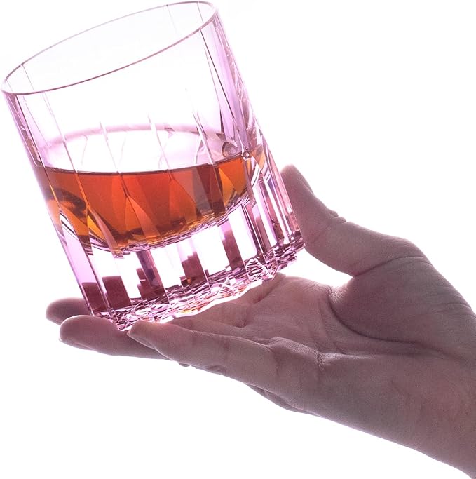 KAMMAK Crystal Whiskey Glasses Set of 2, 7.61 oz (225 ml) Hand Blown Old Fashioned Tumbler, Pink Thick Base Glass with Delicate Rim & Seamless Design for Scotch, Bourbon, Cocktails, Lead-Free Barware