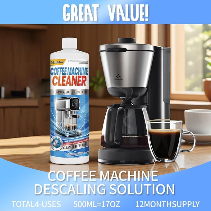 Coffee Machine Descaling Solution 16.9 oz (4 Uses)– Universal Descaler Cleaner Compatible with Keurig,Nespresso,Breville,Delonghi, Ninja - Espresso Coffee Maker Cleaning Solution