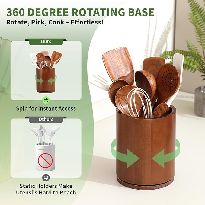 Wooden Utensil Holder, 360°Rotating 7.3'' Large Utensil Holder for Kitchen Counter, Kitchen Utensil Organizer, Utensil Crock, Farmhouse Kitchens Countertop Decor, Walnut-finish