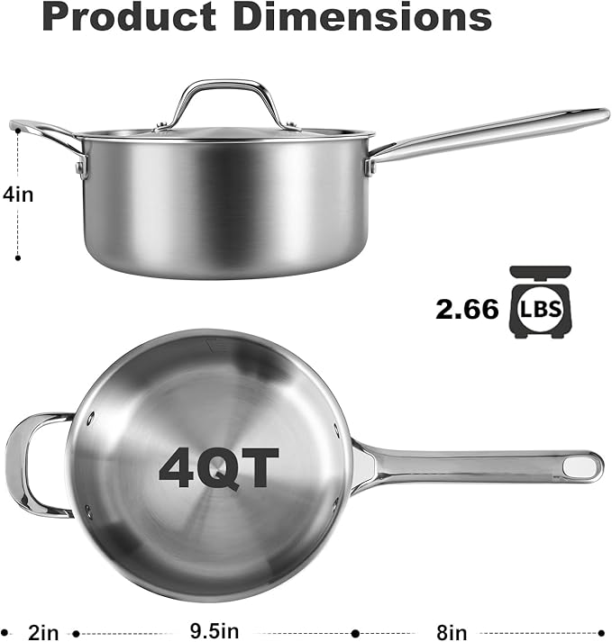 4 QT Saucepan with Lid,3-Ply Stainless Steel Stockpot,Professional Grade Cookware,Induction Compatible
