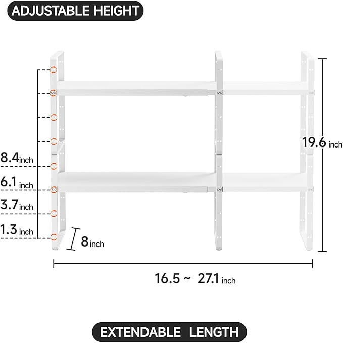 2Pack 16.5-27’’L Expandable Cabinet Shelf Organizers, Stackable Metal Shelves Extender for Kitchen Countertop Storage, Adjustable Spices Shelves Rack Stand for Cupboard Pantry, White